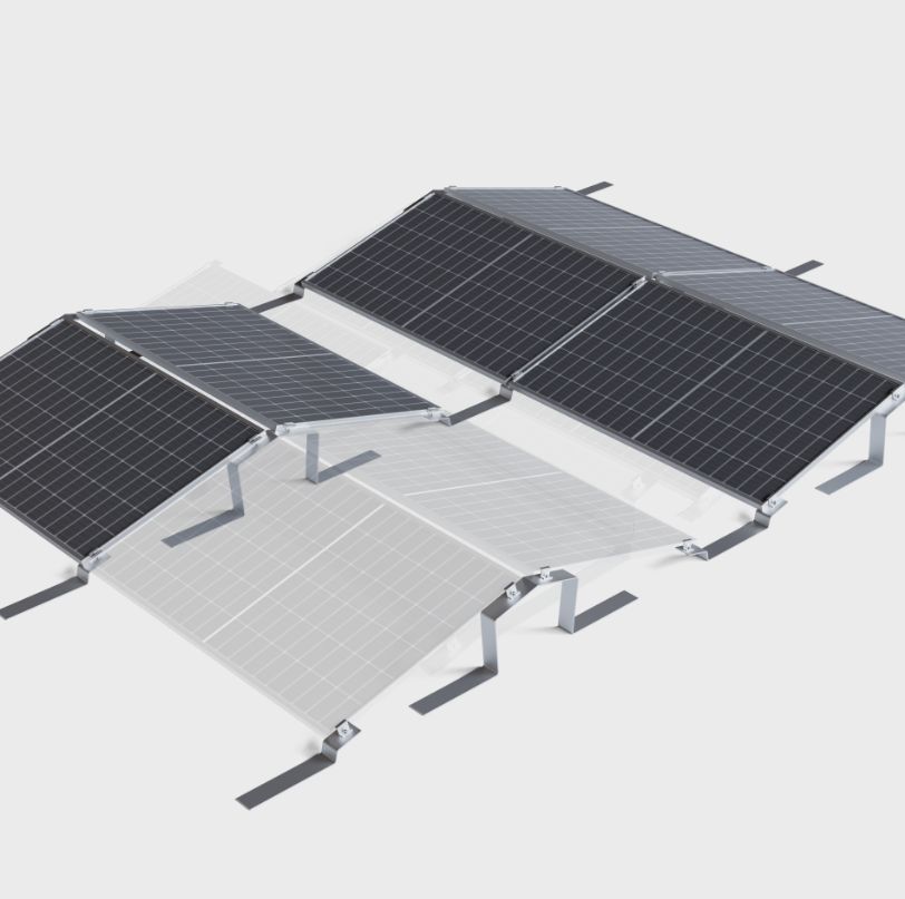 V-Shape AG-491 east-west flat-roof mounting system render with solar modules